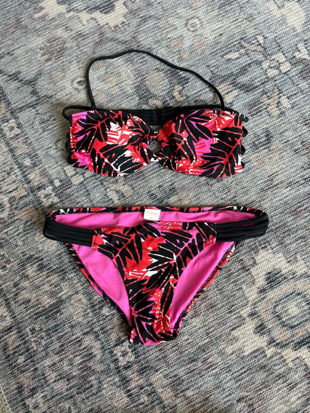 Xhilaration Pink Red Black Tropical Print Bikini
